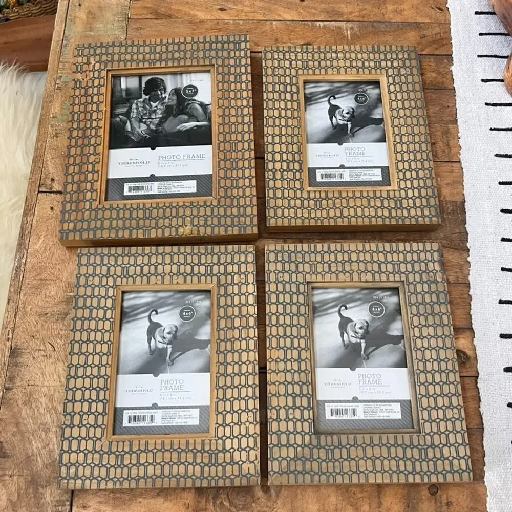 Threshold Natural Wood Picture Frames Set of 4 Blue Geometric Overlay